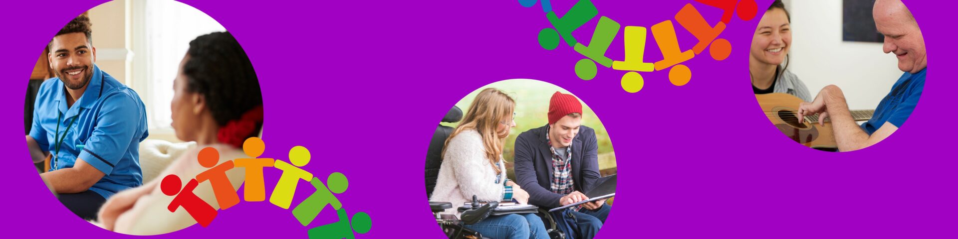 Banner with three images. The background of the banner is purple and the three images are in the shape of circles. Image one is of a carer talking to a women, image two is of a man with a carer playing a guitar and image three is of a women and a carer in a park.