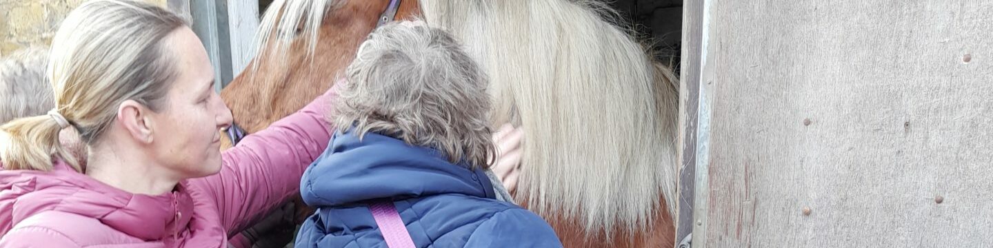 Staff member Katy with a Coalition member Jane stroking a horse