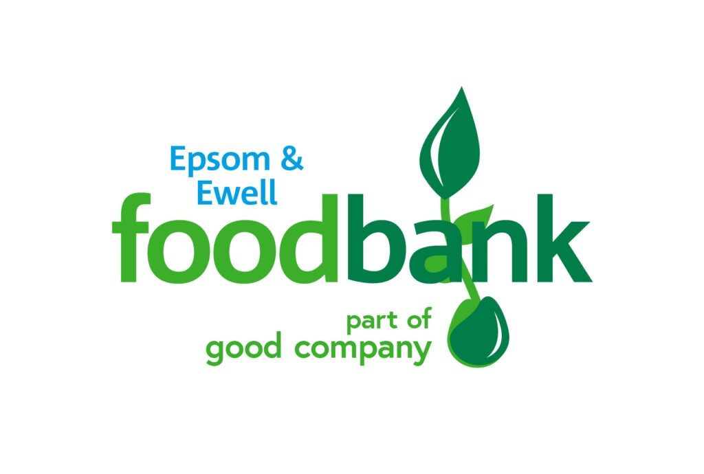 Epsom & Ewell foodbank logo. The logo has the words 'Epsom & Ewell' in smaller light blue writing below in green is the word 'foodbank' with green leaves coming off the a. Below this are the following words in a smaller green font 'part of good company' 