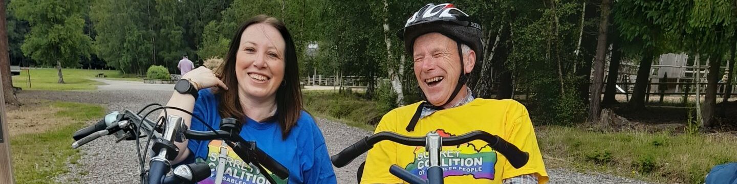 Yasmin with Coalition member Jonathan on a side by side tandem bike.