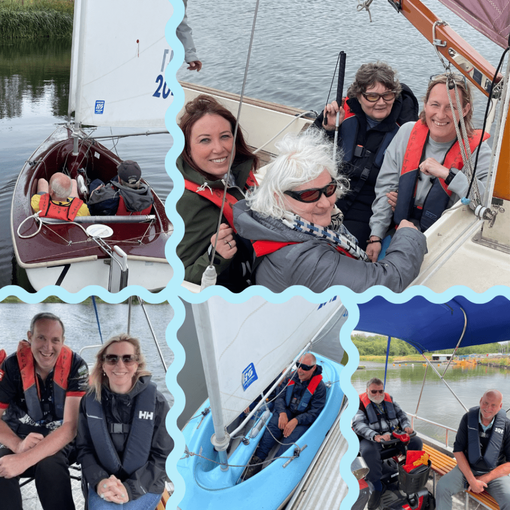 Collage of photos of Coalition members at a sailing activity day at Papercourt sailing club in 2024.