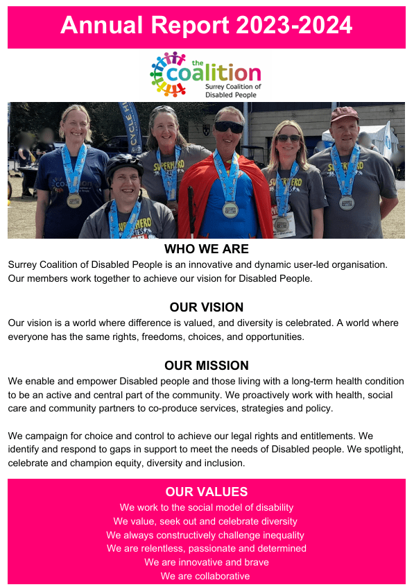 Front cover on the annual report for 2023-2024. On the cover is an image of Nikki, our CEO, with some of our members at the Superhero Tri event, proudly showing off their medals around their necks.