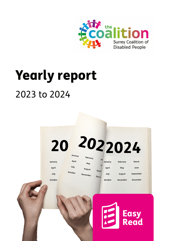 Front cover of the easy read version of the annual report 2023-2024. With an image of a book with 2024 at the top and the months. 