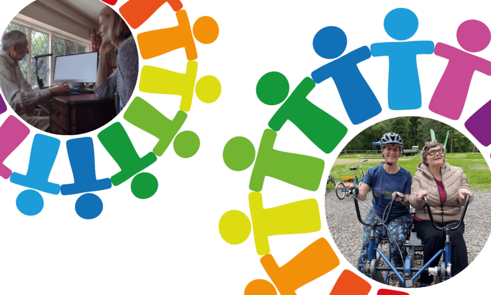 Banner with two graphics of multi colour people that are touching hands in a semi-circle. In the semi-circles are images. The first image is of a Tech member on a computer. The second image is of a Get More Active Get Together at Alice Holt, of staff member Katy with Coalition member Jane, on a side by side tandem bike.