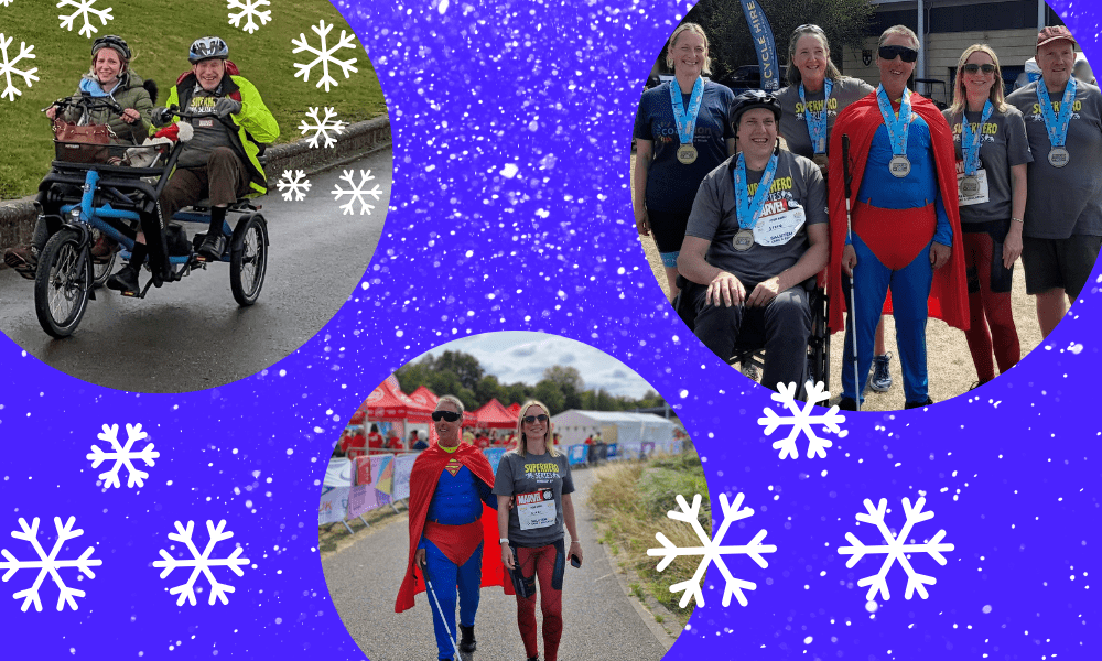 Blue background with snow and snowflakes. On the background are three circular shaped images of Coalition staff and members at the Superhero Tri 2024 and Winter Wonderwheels 2023.