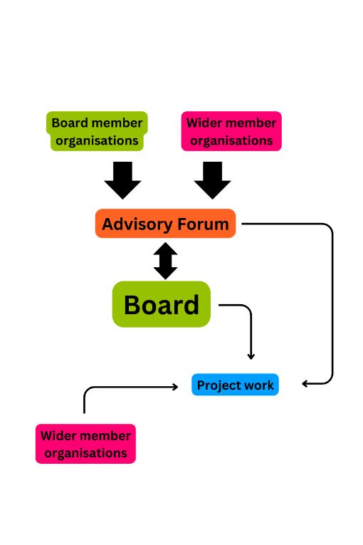 Diagram explaining the structure of the Alliance. At the top are 'Board member organisations' and 'Wider member organisations'. Then there's an arrow pointing down to 'Advisory Forum' and another arrow pointing to 'Board'. An arrow comes off 'Advisory Forum' and 'Board' to 'Project work' . Then pointing to 'Project work' is 'Wider member organisations'.