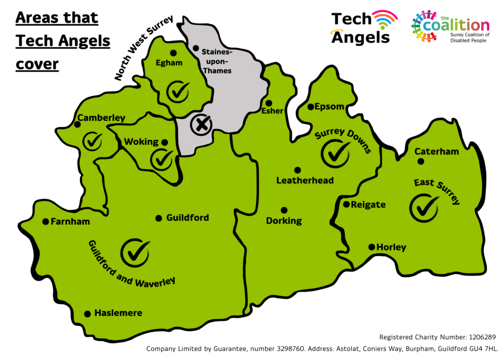 Map of Surrey with the areas that Tech Angels cover in Green. The Staines-upon-Thames area is in grey for the area we don't cover. 