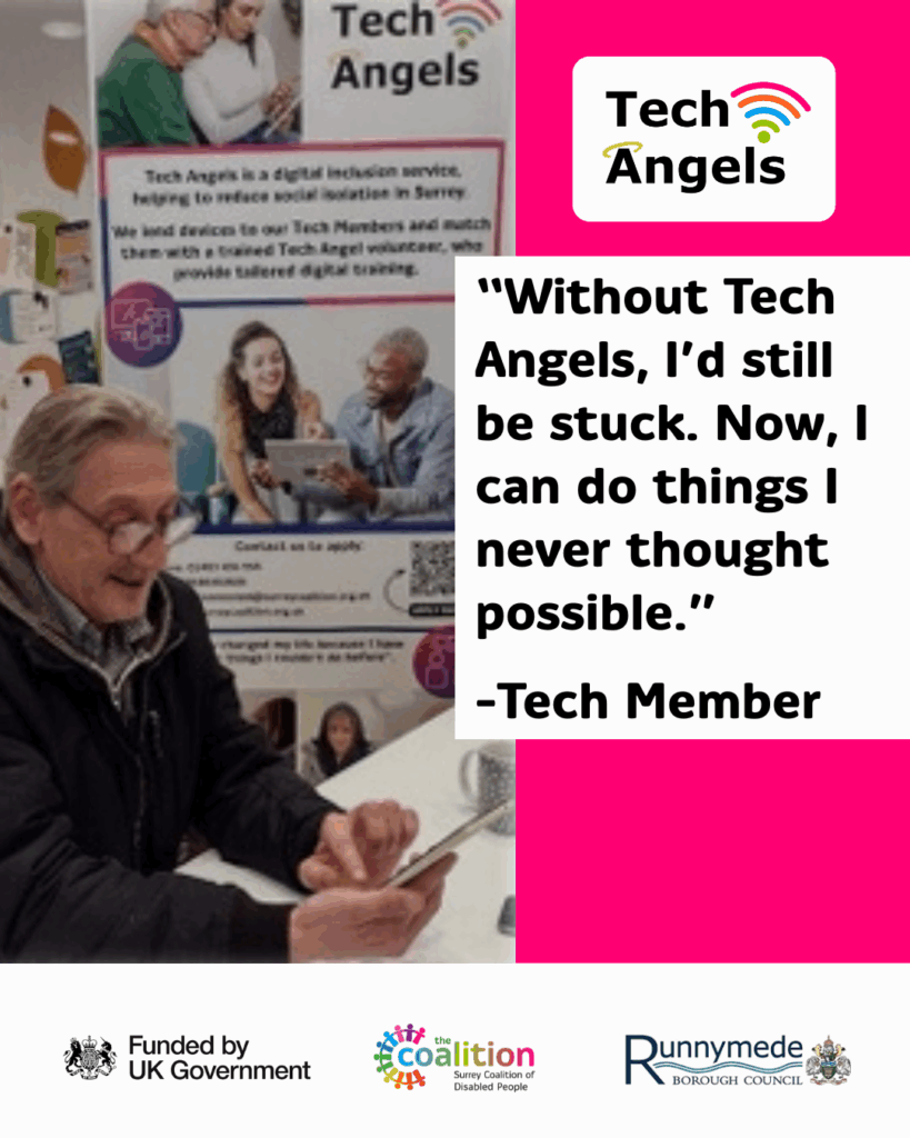 Pink background with a photo of a Tech Member using a digital tablet device. To the right of the image is the Tech Angels logo and the following quote "Without Tech Angels, I’d still be stuck. Now, I can do things I never thought possible." 