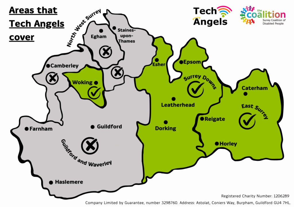 Map of Surrey with the areas Tech Angels are and aren't currently covering. Elmbridge, Spelthorne, Runnymede, Surrey Heath, Guildford and Waverley are in grey and Woking, Surrey Downs and East Surrey are in green. 
