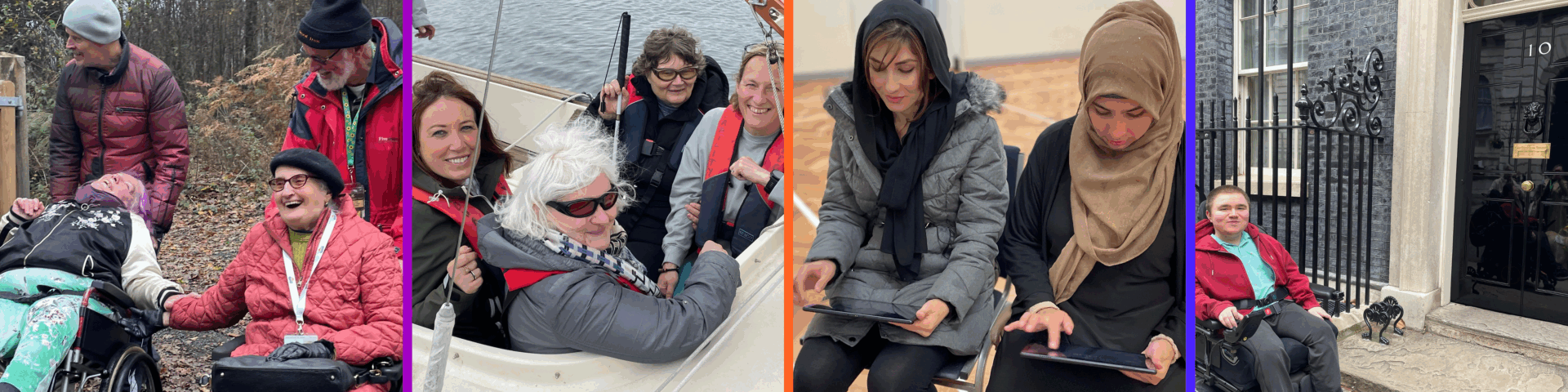 Banner with four photos: 1. Four Coalition members smiling in the countryside, two are wheelchair users. 2. Coalition members and staff in a sailing boat. 3. Tech Members using digital tablet device. 4. Coalition member, who is a wheelchair user, outside the Number 10 Downing Street door.