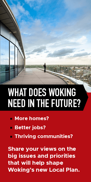 Woking Borough Council consultation banner with an image of a man on a balcony on a tall building looking at the scenery. 