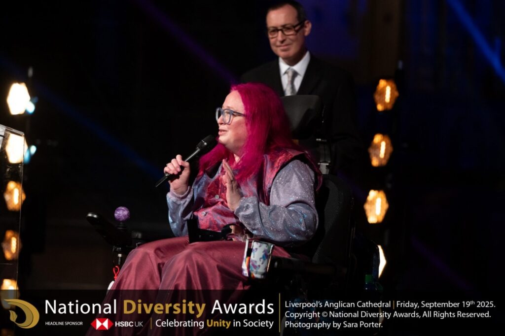 Vikki Walton-Cole, Chair of Trustees  at The Coalition delivering a speech after receiving the award at the National Diversity Awards. 