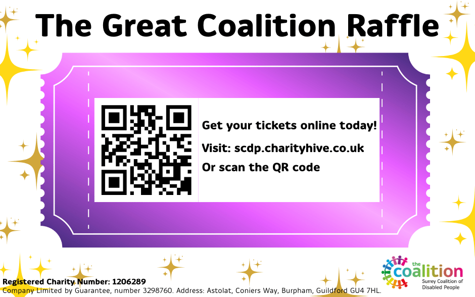 Graphic of a large purple raffle ticket with a QR code and the words 'Get your tickets online today!'. In the background is a star pattern. 