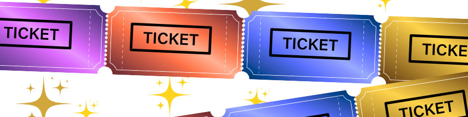 Graphic of colourful raffle tickets with stars in the background.
