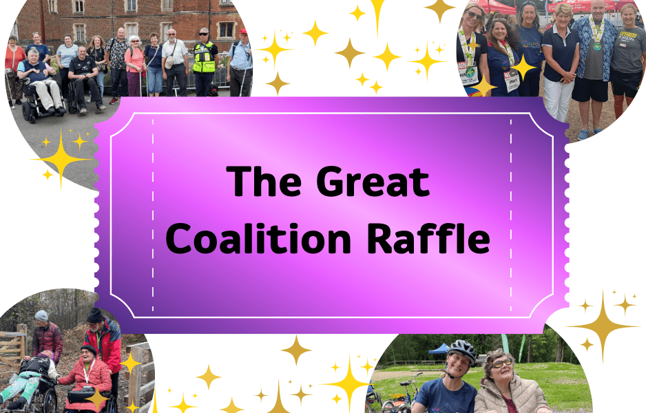 In the centre of the image is a large purple raffle ticket with the words 'The Great Coalition Raffle'. Around the ticket are four images in a circular shape of Coalition members and staff at events.