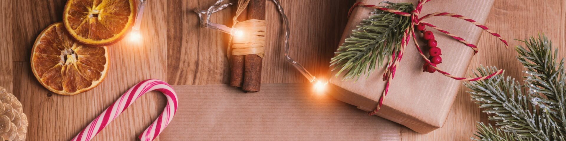 Christmas present, lights and a candy cane