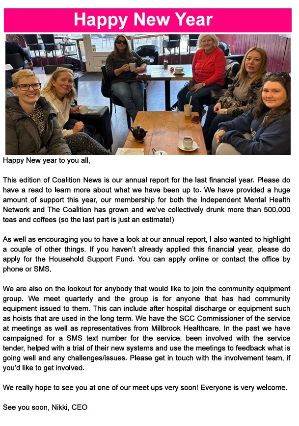 Front cover of the Annual Report 2024-2025 with a message from Nikki Roberts, CEO and a picture of Coalition and staff and members in a café . 