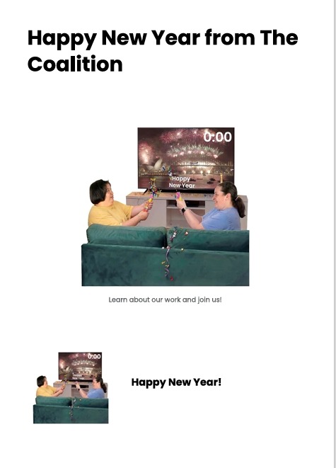Easy Read front page of the annual report with the words 'Happy New Year from The Coalition' and two people watching new year fireworks on tv.  