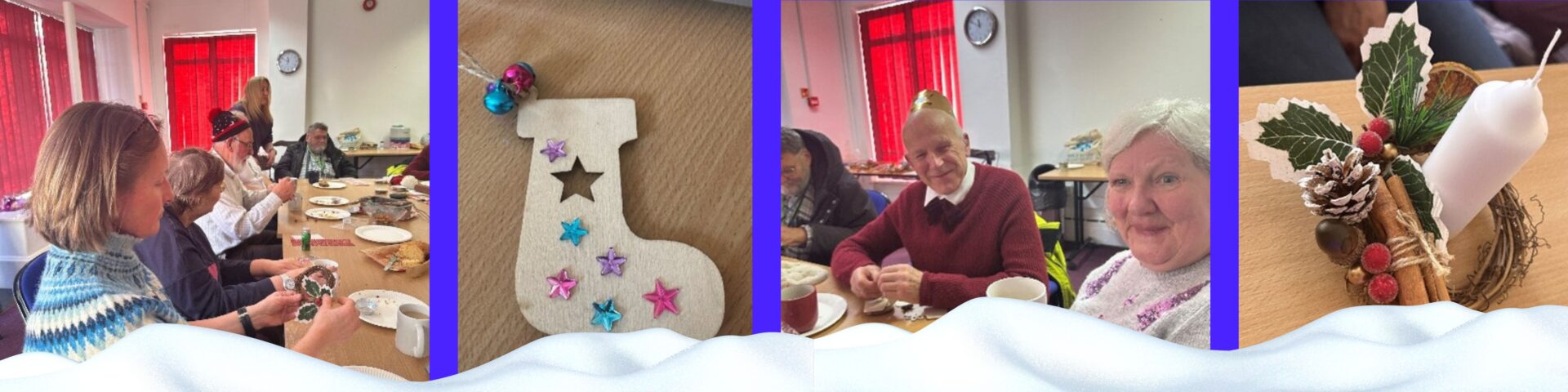Banner with Coalition members and staff around a table and pictures of Christmas crafts