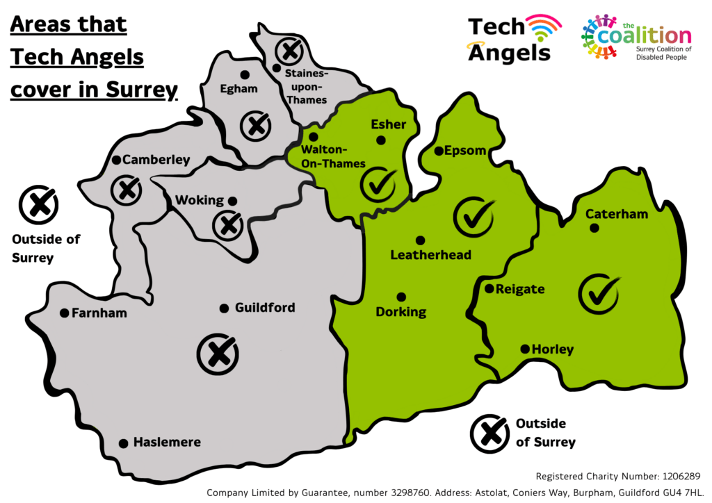 Map of Surrey with the areas Tech Angels are and aren't currently covering. West Surrey is in grey for areas we aren't currently covering and East Surrey is in green for areas we are covering.