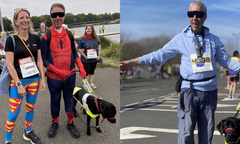 Photo of member brain with guide dog Oasis, Coalition's CEO Nikki and Coalition members and staff in the background at Superhero Tri. Second photo is of Brian at the Surrey 5K with his medal and guide dog Oasis.