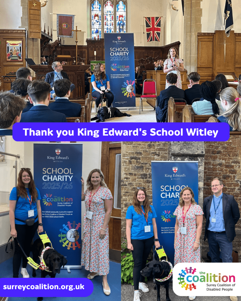 Collage of three photos of Coalition staff members, Rachel and Megan, with assistance dog Rowley at King Edward's School speaking to the pupils and by a Coalition banner.